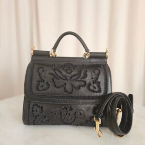 Dolce & Gabbana Black Embroidered Laser Cut Miss Sicily Satchel Medium Bag