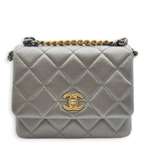 Side Note Metallic Silver Crossbody Bag in Lambskin, Gold/Ruthenium hardware