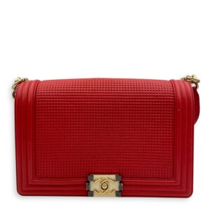 Cube Embossed Boy Medium (28cm) Red, Cream Crossbody Bag in Calfskin, Gold hardware