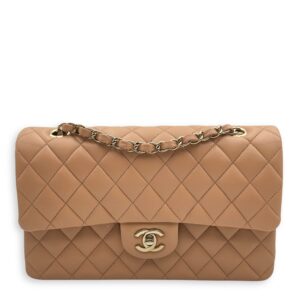 Classic Double Flap Medium Beige Shoulder Bag in Lambskin, Gold hardware