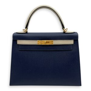 HSS Sellier Kelly 28 Blue Sapphire/Craie in Epsom, Brushed Gold hardware