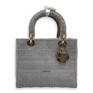 Lady Dior Medium Grey Top Handle Bag in Canvas, Gold hardware