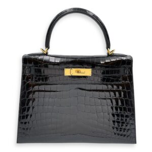Sellier Kelly 28 Black in Shiny Niloticus, Gold hardware