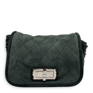 Quilted Shearling Mademoiselle Lock Dark Green Shoulder Bag in Nubuck, Silver hardware