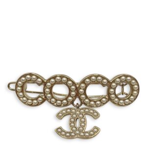 Gold CC Pearl White Hair Clip, Gold hardware