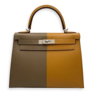 Casaque Sellier Kelly 28 Sesame/Etoupe/Blue Indigo in Epsom, Palladium hardware