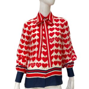 Heart-Print Silk-Twill Long Sleeve Blouse 36 Red/Blue Ready-To-Wear in Silk, Gold hardware