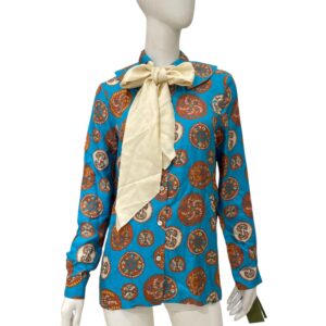 Paisley Print Scarf Blouse 36 Blue Ready-To-Wear in Silk
