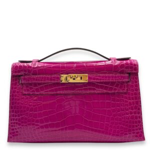 Kelly Pochette Rose Scheherazade in Shiny Alligator, Gold hardware