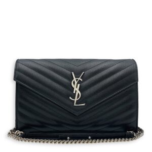 Cassandra Black Wallet on Chain in Calfskin, Silver hardware