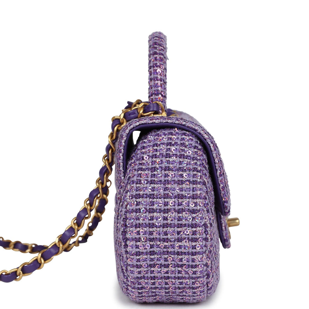 Chanel Mini Sequin Flap Bag with Top Handle Purple Tweed Antique Gold Hardware - Image 4