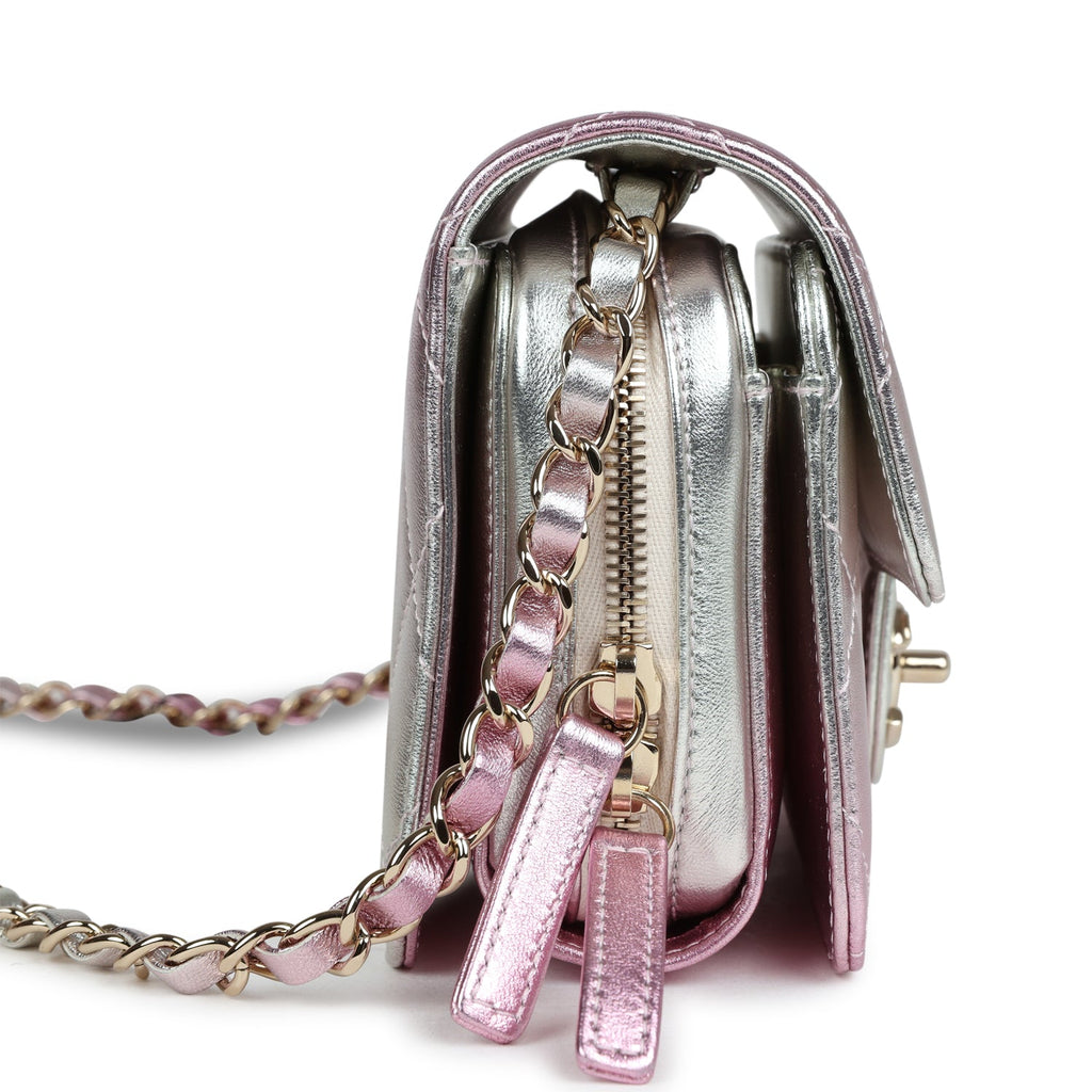Chanel Mini Flap Bag Pink and Silver Metallic Lambskin Light Gold Hardware - Image 4