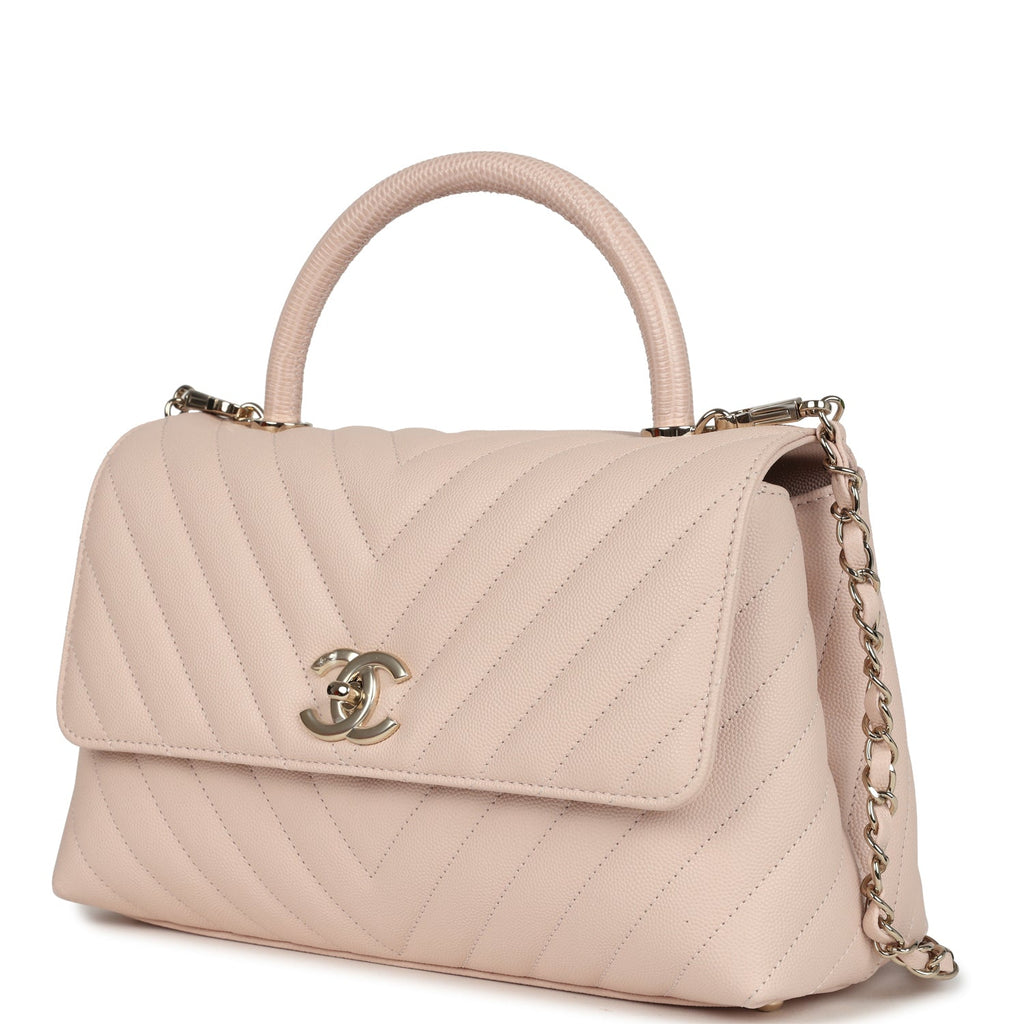 Chanel Medium Coco Top Handle Flap Bag Light Beige Chevron Caviar Light Gold Hardware - Image 6