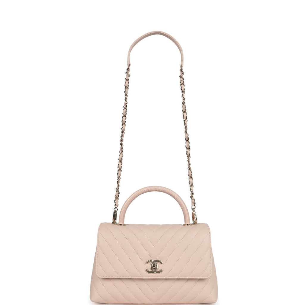 Chanel Medium Coco Top Handle Flap Bag Light Beige Chevron Caviar Light Gold Hardware - Image 8