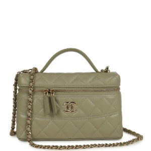Chanel Trendy Top Handle Long Vanity Case with Chain Khaki Caviar Light Gold Hardware