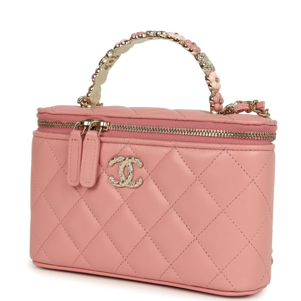 Chanel Flower Top Handle Long Vanity Case with Chain Pink Lambskin Light Gold Hardware - Image 6