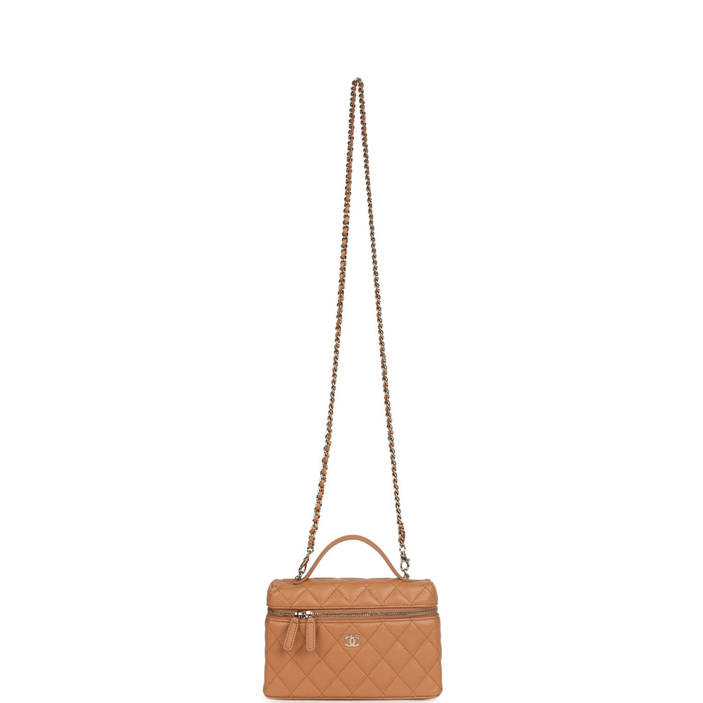 Chanel Top Handle Long Vanity Case with Chain Dark Beige Shiny Caviar Light Gold Hardware - Image 8