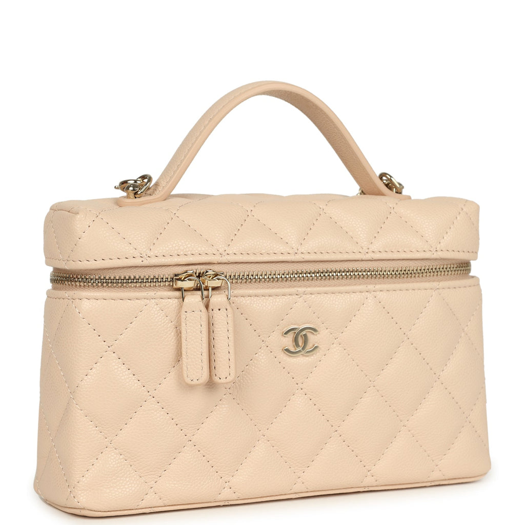 Chanel Top Handle Long Vanity Case with Chain Light Beige Shiny Caviar Light Gold Hardware - Image 3