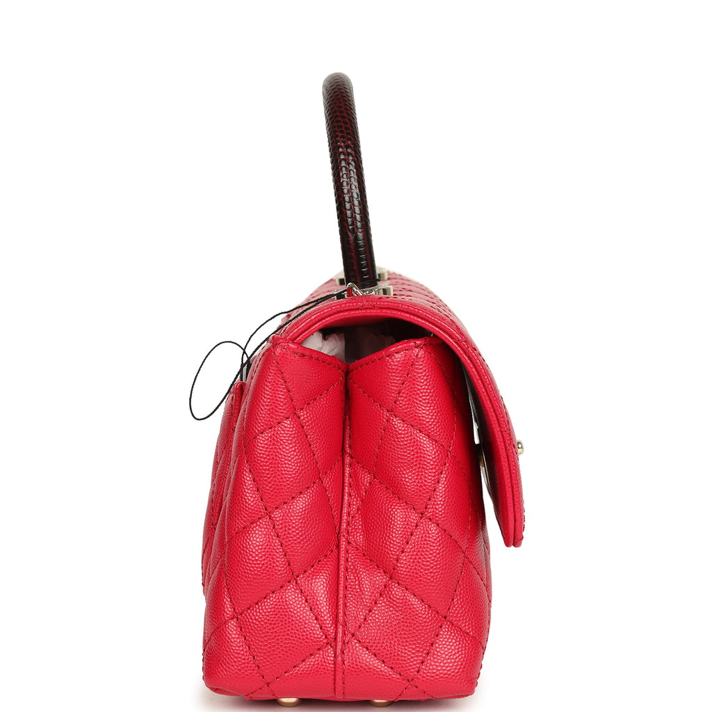 Chanel Small Coco Top Handle Flap Bag Dark Red Shiny Caviar and Burgundy Lizard Light Gold Hardware - Image 4