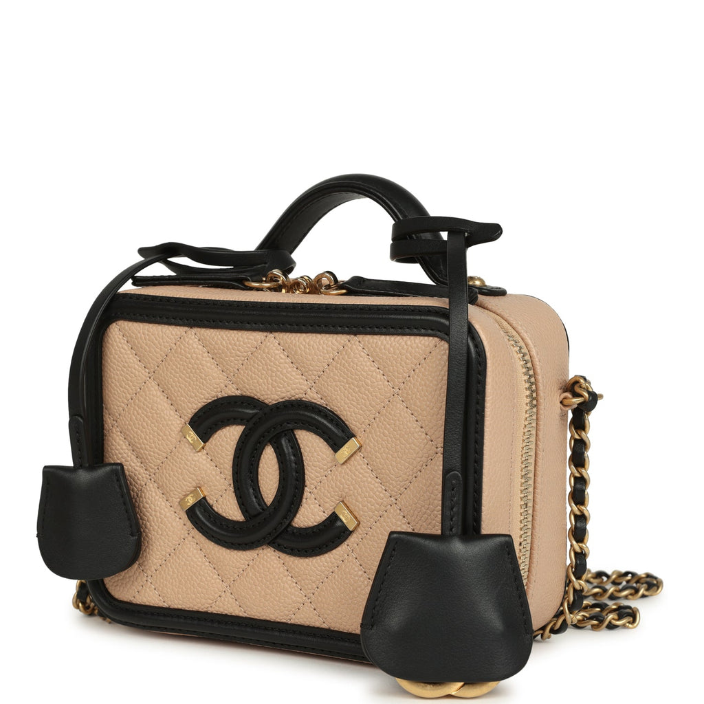 Pre-owned Chanel Small CC Filigree Vanity Case Black and Beige Caviar Antique Gold Hardware - Image 6