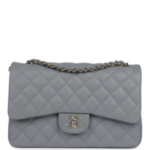Chanel Jumbo Classic Double Flap Bag Light Grey Shiny Caviar Light Gold Hardware