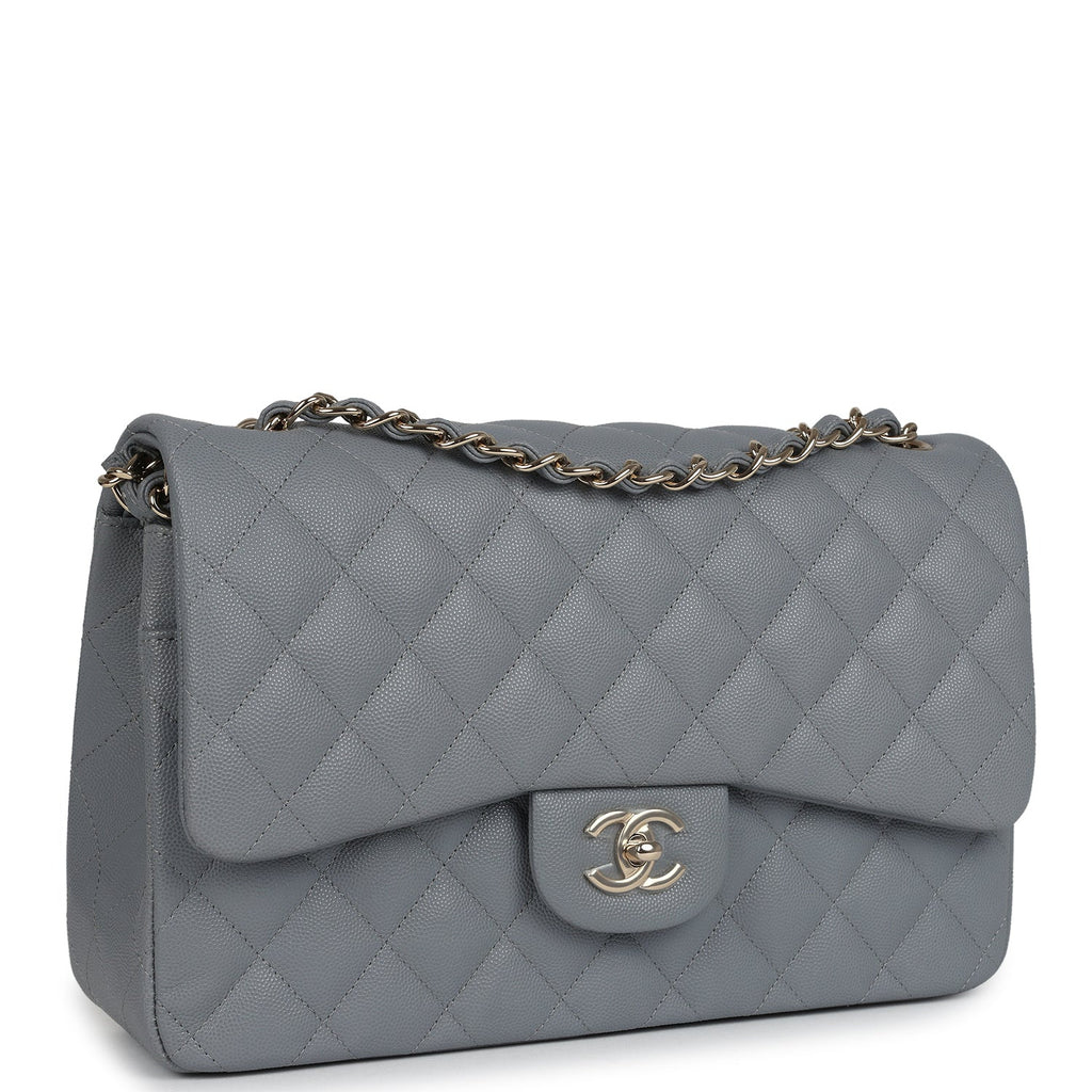 Chanel Jumbo Classic Double Flap Bag Light Grey Shiny Caviar Light Gold Hardware - Image 3