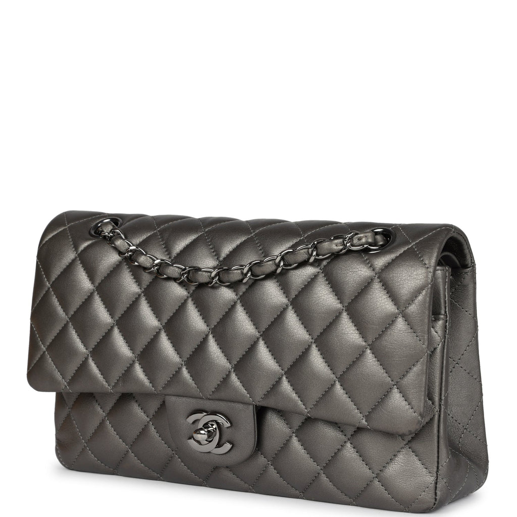 Pre-owned Chanel Medium Classic Double Flap Bag Metallic Grey Lambskin Silver Hardware - Image 6