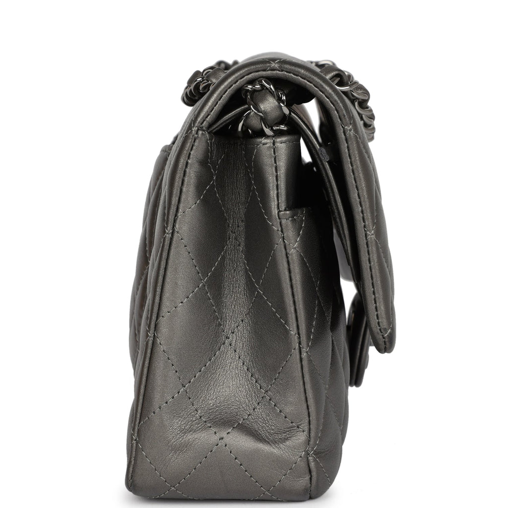 Pre-owned Chanel Medium Classic Double Flap Bag Metallic Grey Lambskin Silver Hardware - Image 4