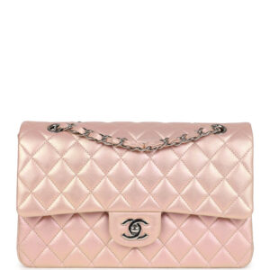 Chanel Medium Classic Double Flap Bag Pink Iridescent Lambskin Silver Hardware