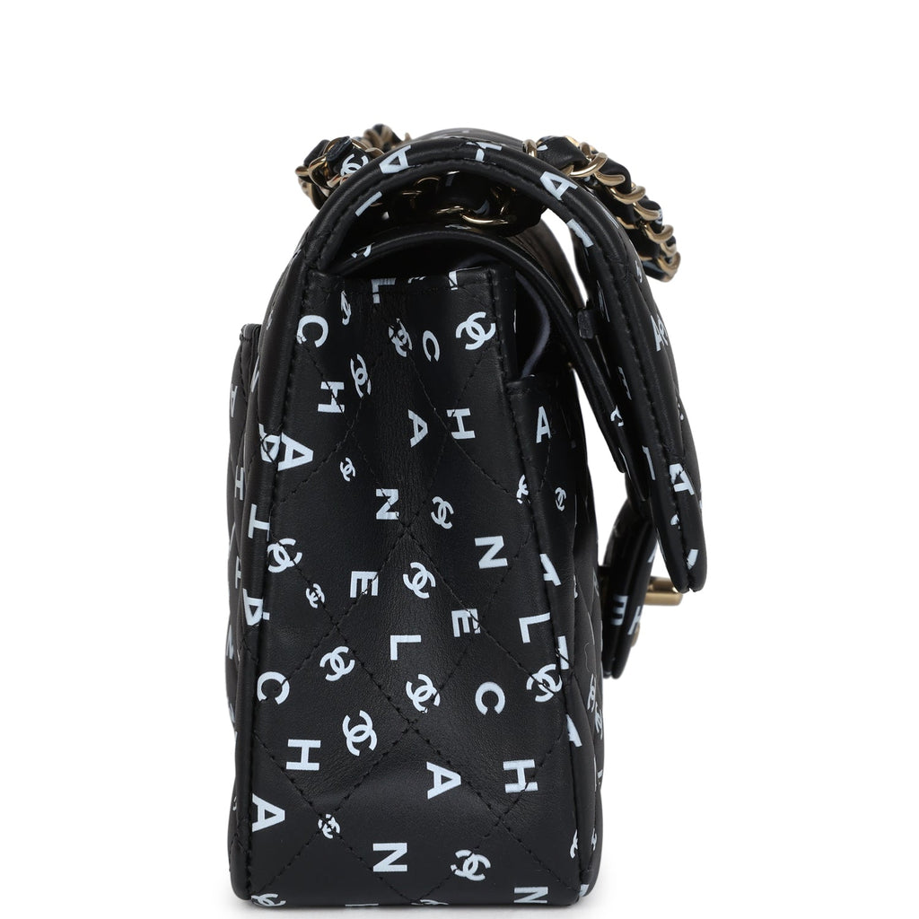 Chanel Small Classic Double Logo Printed Flap Bag Black and White Calfskin Gold Hardware - Image 4