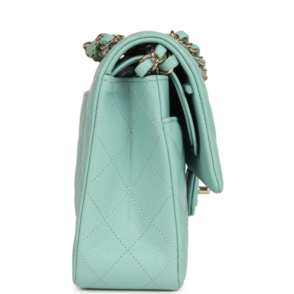Pre-owned Chanel Medium Classic Double Flap Bag Light Blue Caviar Silver Hardware - Image 4
