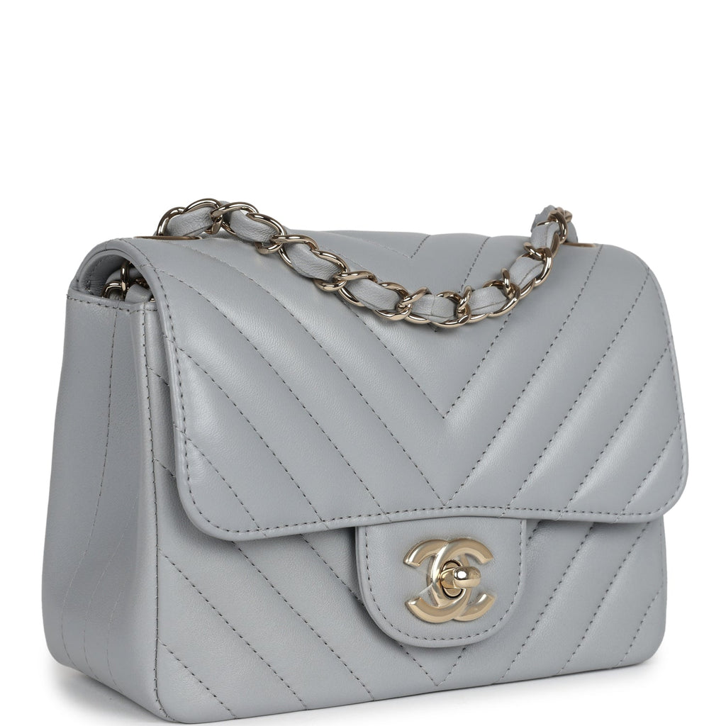 Chanel Mini Chevron Square Flap Bag Light Grey Lambskin Light Gold Hardware - Image 3