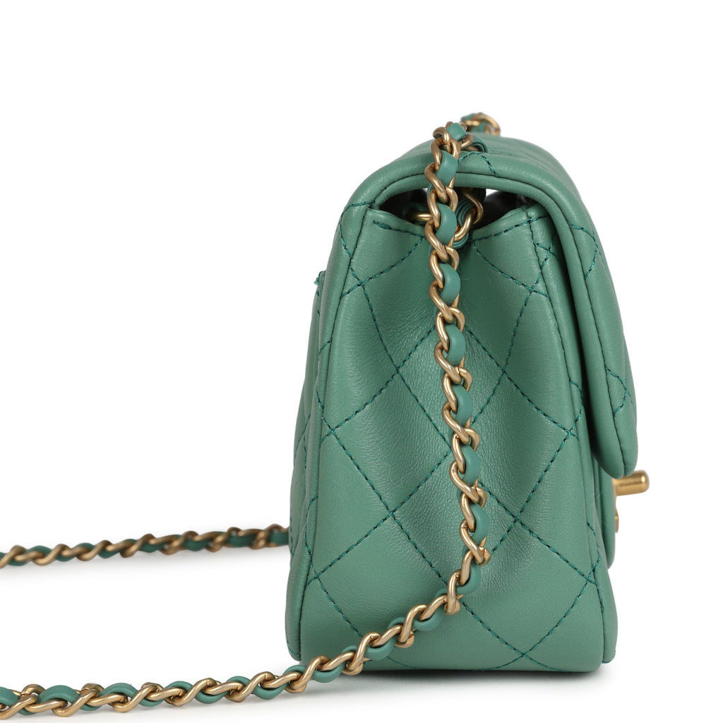 Chanel Mini Square Pearl Crush Flap Bag Green Lambskin Antique Gold Hardware - Image 4