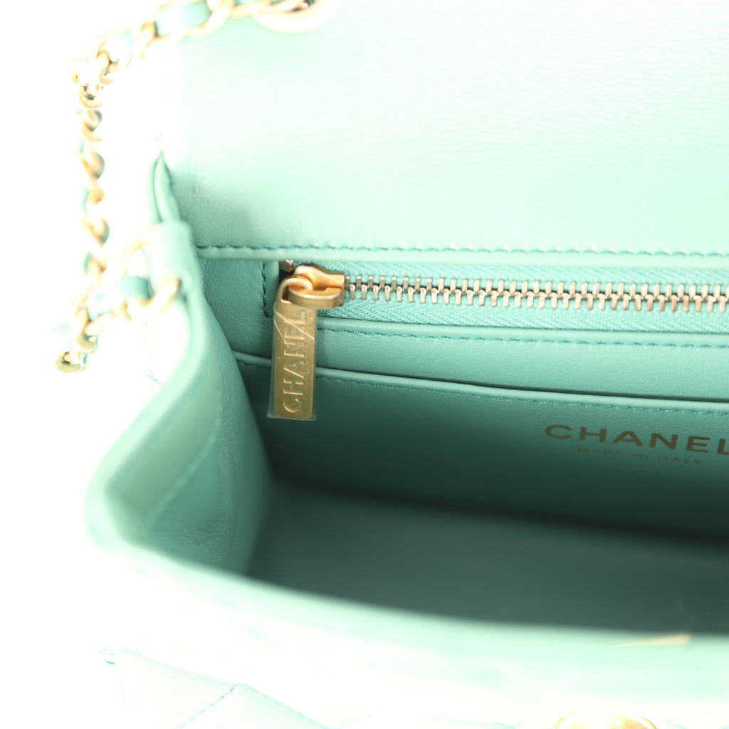 Chanel Mini Square Pearl Crush Flap Bag Green Lambskin Antique Gold Hardware - Image 12
