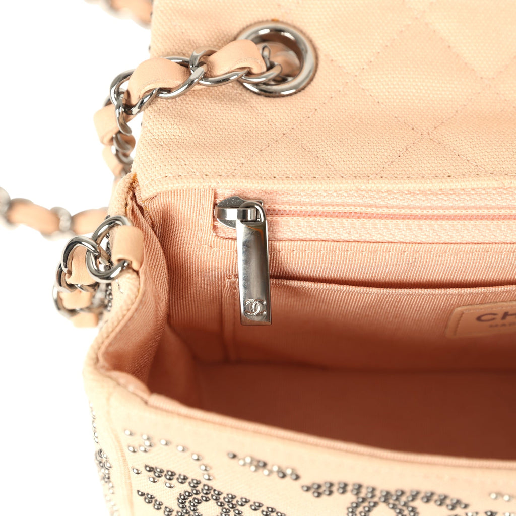 Pre-owned Chanel Mini CC Studded Rectangular Flap Bag Light Pink Canvas Ruthenium Hardware - Image 9