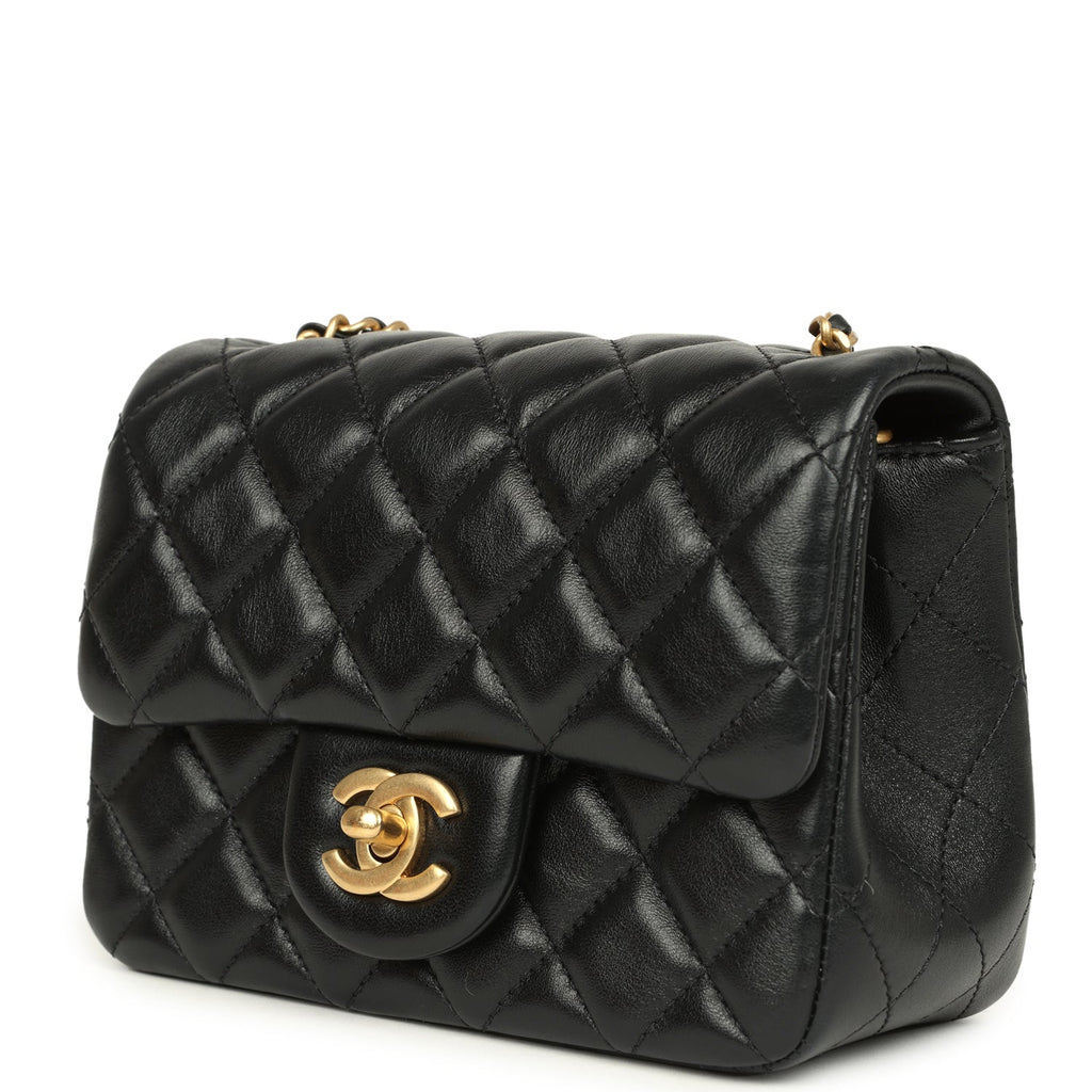 Chanel Mini Pearl Crush Square Flap Bag Black Shiny Lambskin Brushed Gold Hardware - Image 6