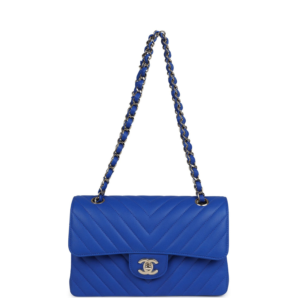 Chanel Small Classic Double Flap Blue Chevron Caviar Light Gold Hardware - Image 8