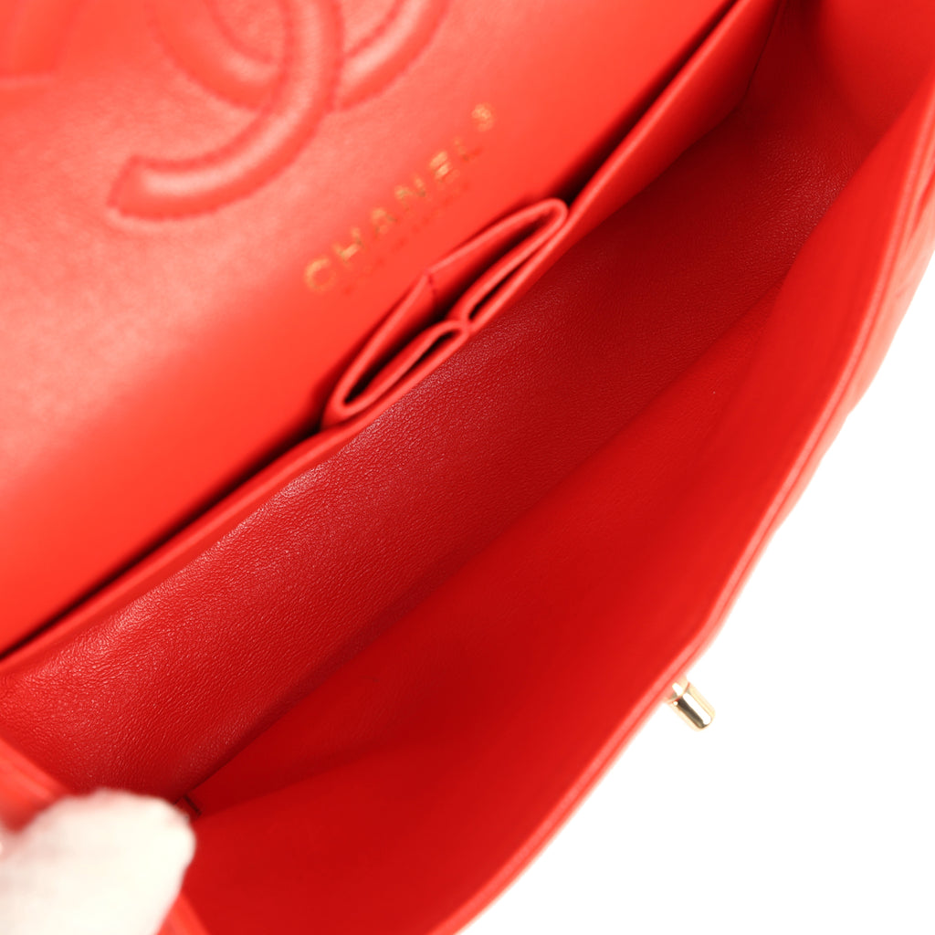 Pre-owned Chanel Small Classic Double Flap Bag Red Lambskin Light Gold Hardware - Image 10