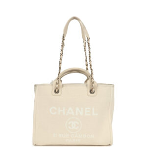 Chanel Small Deauville Shopping Tote Ivory Canvas Light Gold Hardware
