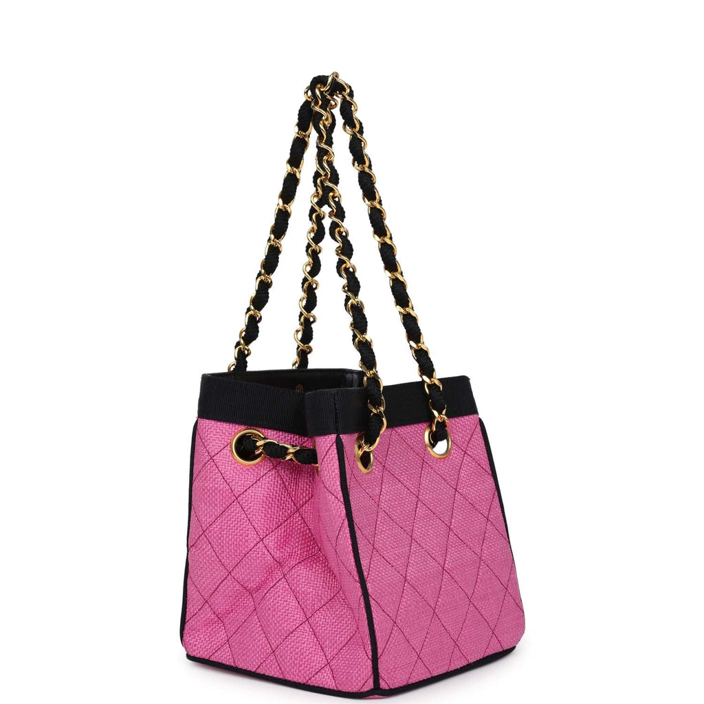 Vintage Chanel Set of Two Mini Bucket Bag & Oval Handbag Pink and Black Raffia Gold Hardware - Image 5
