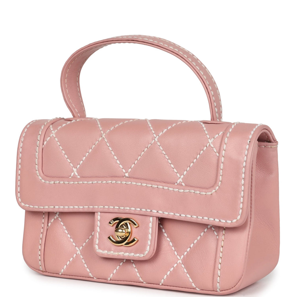 Vintage Chanel Mini Wild Stitch Surpique Top Handle Flap Bag Pink Calfskin Gold Hardware - Image 6