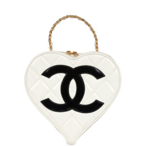 Vintage Chanel Heart Vanity Bag White and Black Patent Antique Gold Hardware