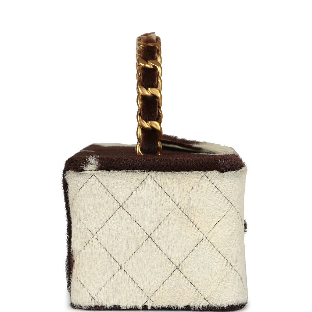 Vintage Chanel Rectangular Vanity Box Brown and White Cow Print Pony Hair Antique Gold Hardware - Image 4