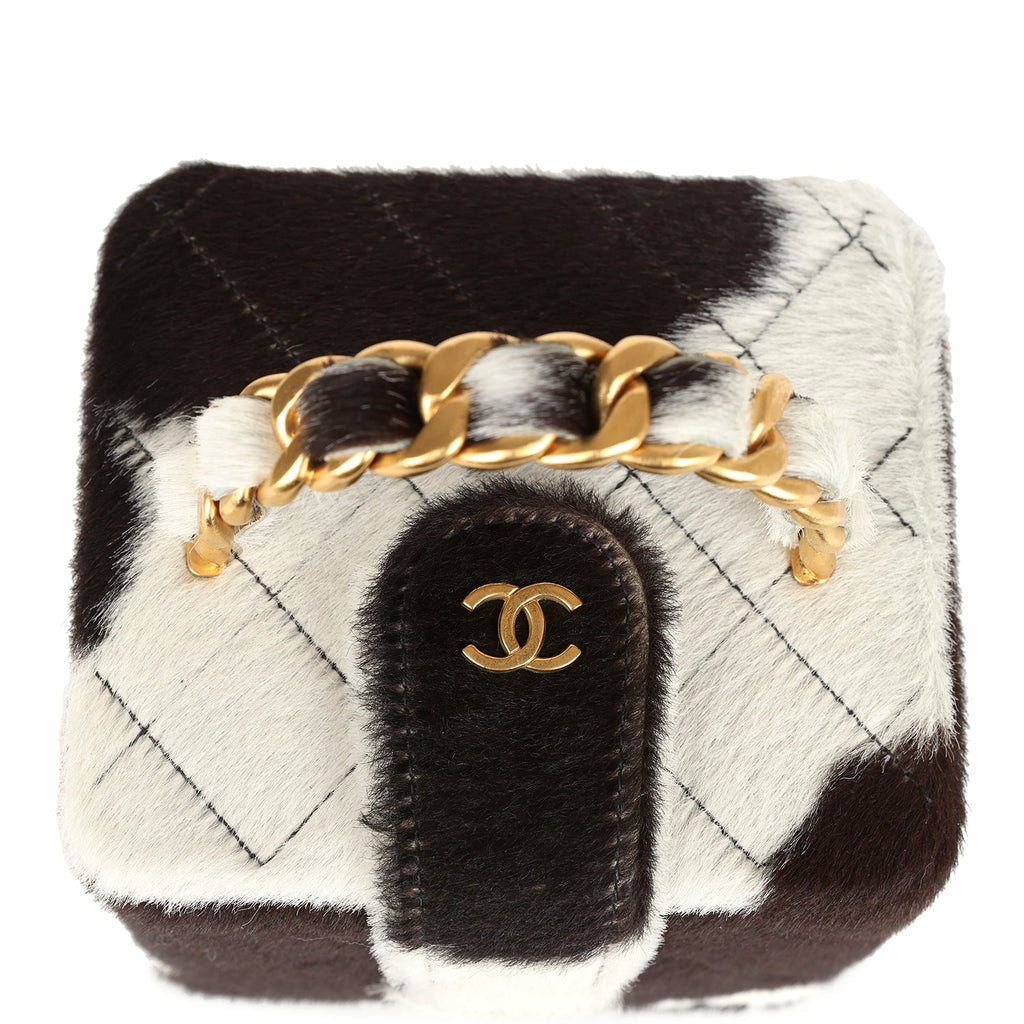Vintage Chanel Square Vanity Box Brown and White Cow Print Pony Hair Antique Gold Hardware - Image 9