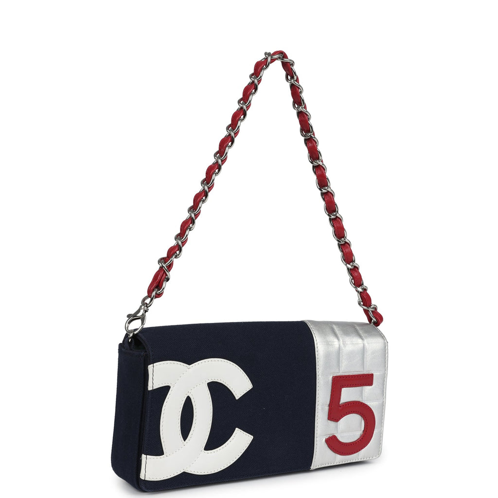 Vintage Chanel N0.5 Chain Shoulder Bag Navy, Silver, Red Canvas Silver Hardware - Image 3