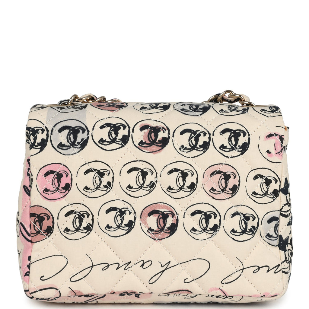 Vintage Chanel Mini Logo Square Flap Bag Light Pink Multi Printed Nylon Light Gold Hardware - Image 5