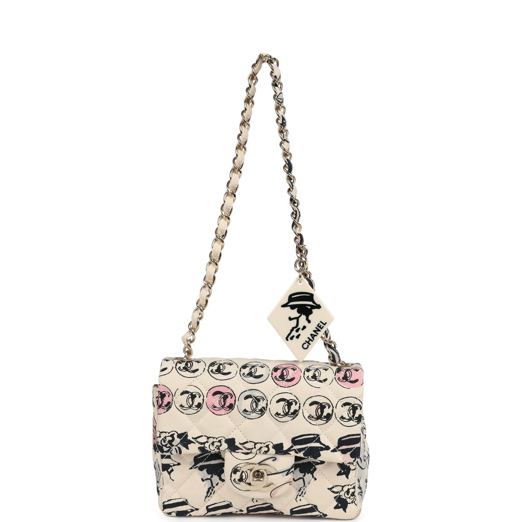 Vintage Chanel Mini Logo Square Flap Bag Light Pink Multi Printed Nylon Light Gold Hardware - Image 9