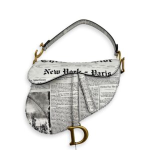 Limited Edition Newspaper Print Saddle Medium With Strap in Calfskin, Gold hardware