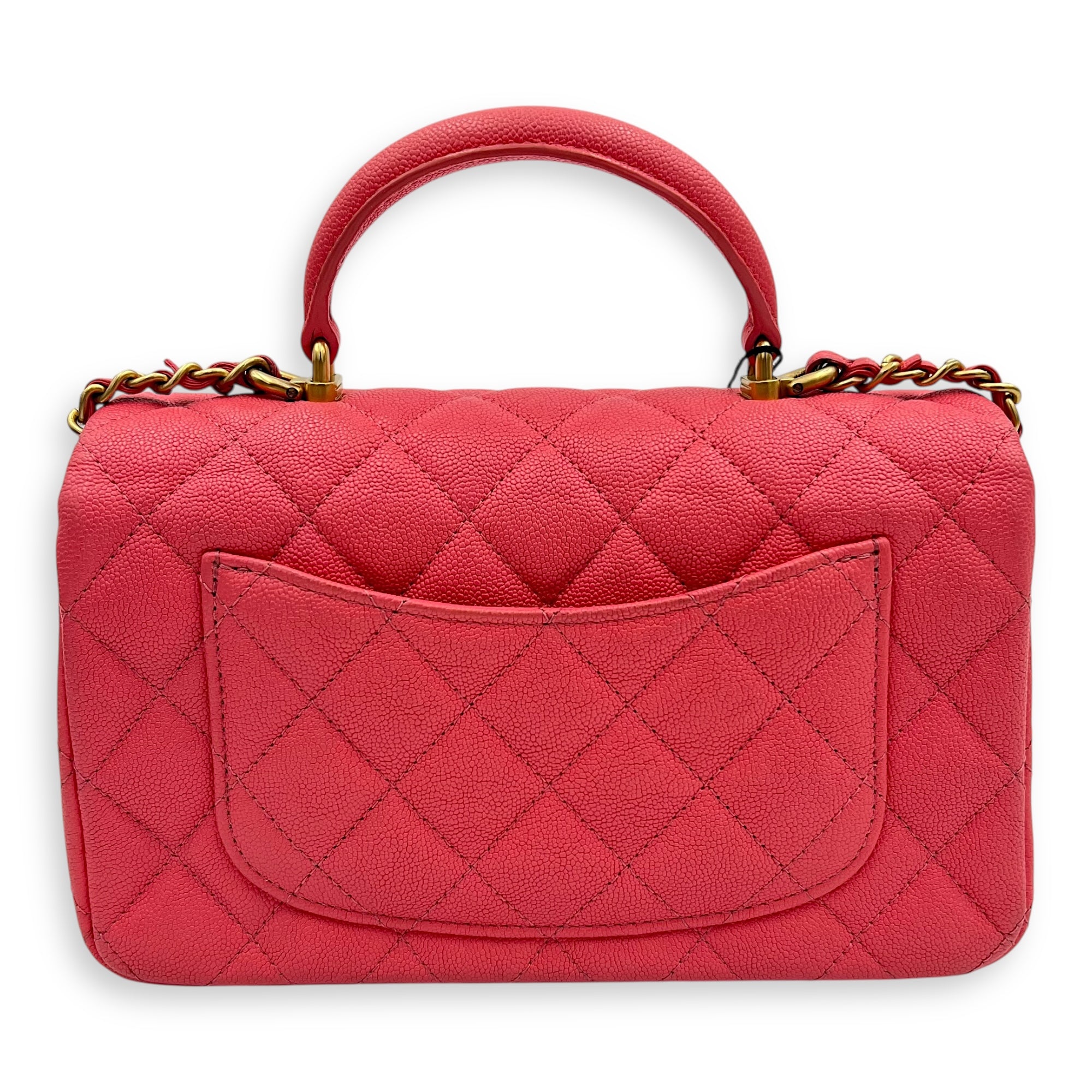 Rectangle Flap Mini Pink Top Handle Bag in Caviar Leather, Brushed Gold hardware - Image 3