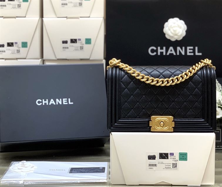 Chanel Medium Boy Bag Black Caviar Antique Gold Hardware - Image 4